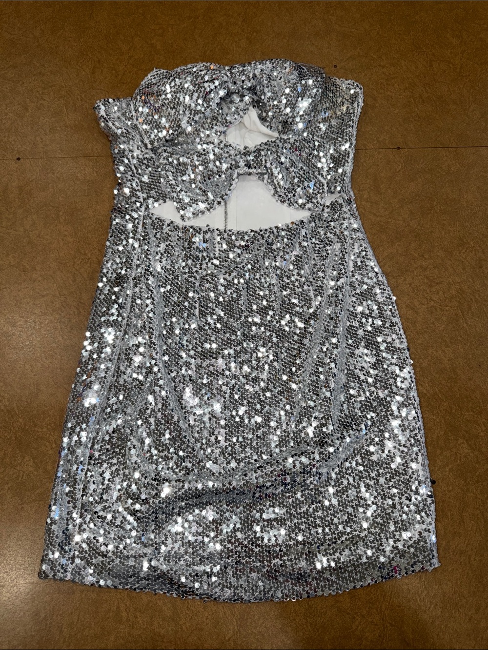 MARBLE Silver Sequin Strapless Mini Dress with Front Cutout • Padding • HOCO